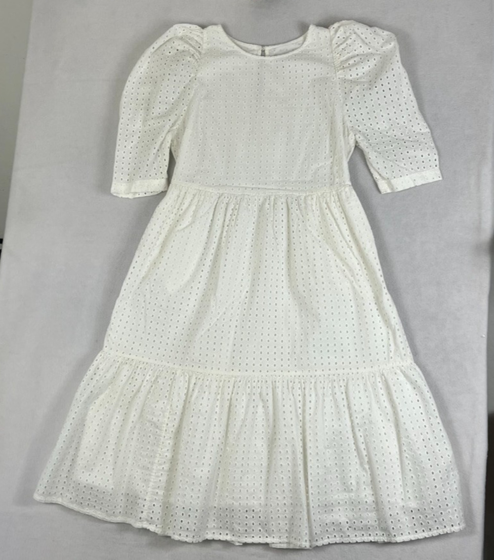 A New Day Midi Dress Large White Eyelet Puff Sleeve Lined Romantic Cotton A-Line
